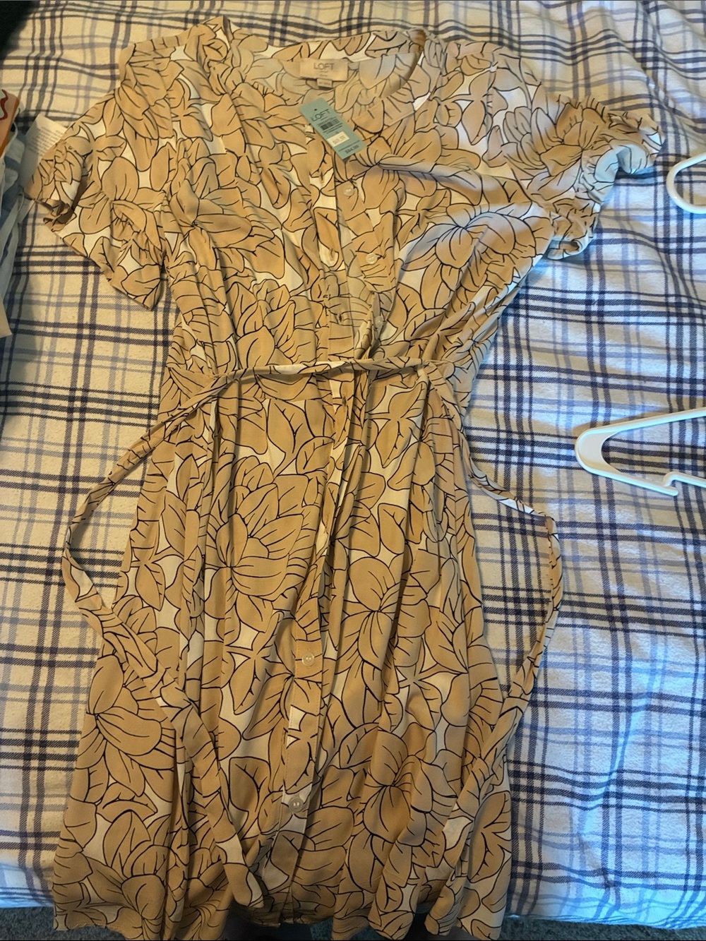 LOFT Beige Floral Button-Front Tie-Waist Midi Dress